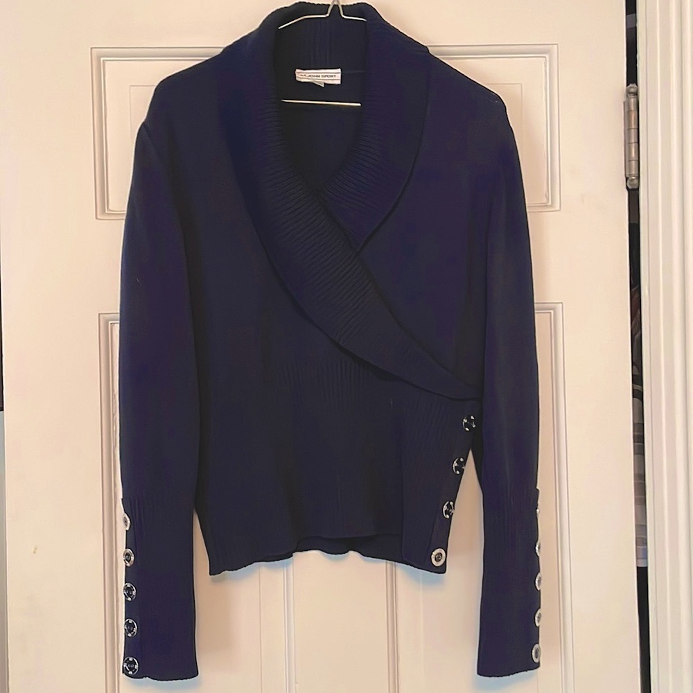 St John Sport navy faux wrap knit sweater